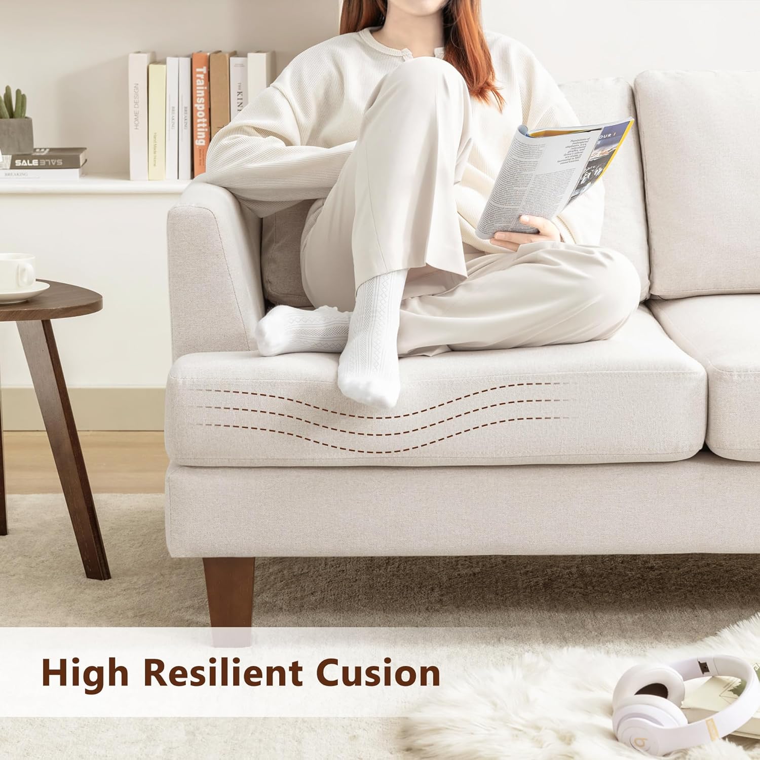 3 Seater Sofa Couch with Deep Seats, 89" Mid Century Modern Upholstered Sofa with Armrests, Comfy Couches for Living Room, Bedroom, Apartment and Office (Beige) - Image 5