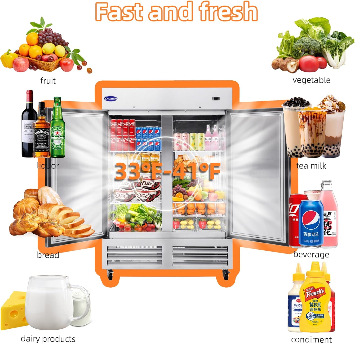 54" W Commercial Refrigerator with 2 door Stainless Steel 49 Cu. Ft Reach-in Refrigerator 6 Adjustable shelves Fan Cooling Fridge for Restaurant, Commercial Kitchen, Shop, ETL Certification - Image 2