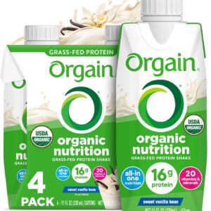 Orgain Organic Nutritional Shake, Vanilla Bean – Meal Replacement, 16g Protein, 20 Vitamins & Minerals, Gluten Free, Soy Free, Kosher, Non-GMO, 11 Ounce, 4 Count (Packaging May Vary)