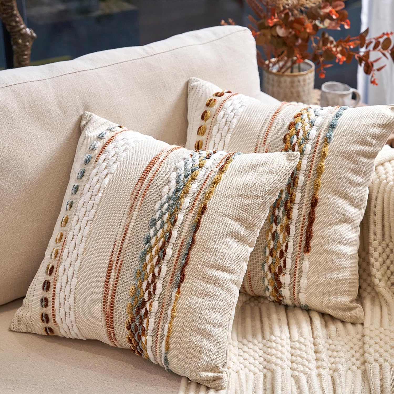Aeckself Boho Throw Pillow Covers 18x18 Inch Set of 2, Farmhouse Decorative Striped Square Pillow Covers Chenille Tufted Pillow Cases Accent Neutral Pillowcase for Living Room Couch Bed, Orange White - Image 4