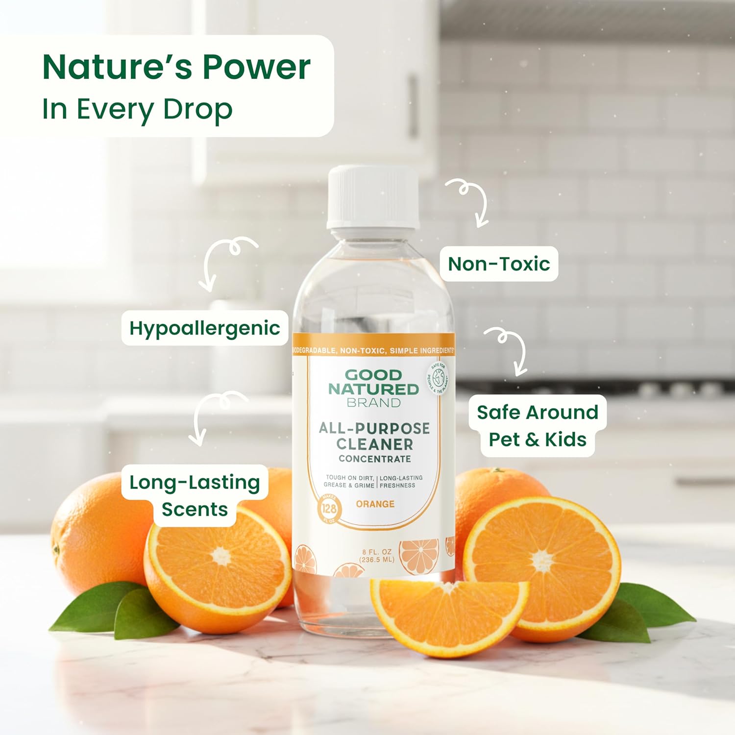 Good Natured Brand All-Purpose Cleaner Concentrate | Multi-Surface Cleaner | Natural Orange Essential Oil | Multipurpose Cleaner Concentrate All Surfaces | Orange | 8oz makes 128oz - Image 2