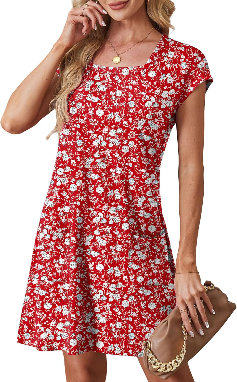 OFEEFAN Summer Dresses for Women 2026 Loose Square Neck Cap Sleeve Casual Beach Vacation Tshirt Dress Sundresses with Pockets - Image 4