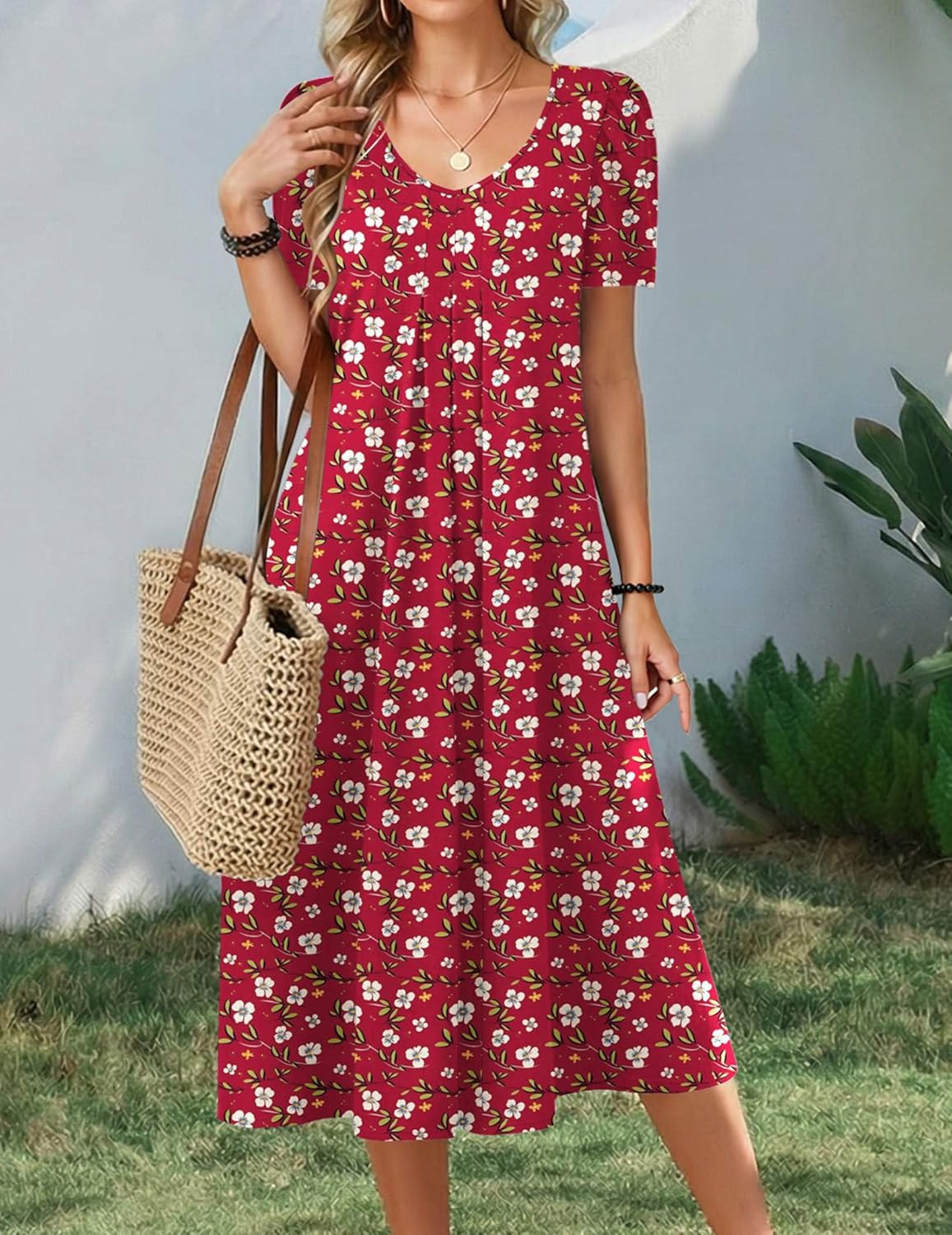 Zeagoo Summer Dress for Women Casual Floral Midi Sundress with Pockets V Neck Pleated Short Sleeve Aline Beach Vacation Dress - Image 3