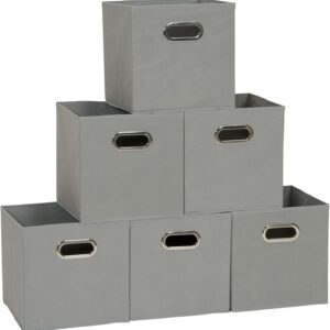 Household Essentials Fabric Storage Bins 6 Piece Set, Strong Poly-Woven Fabric, Sturdy Chipboard Sides, Grommet Front Handle, Stackable and Foldable, Classic Design, Dove Gray