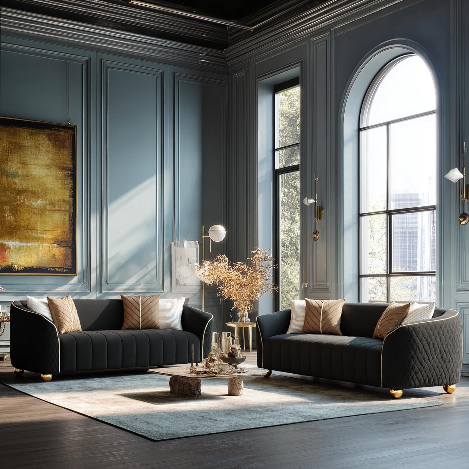 2-Piece Velvet Sofa Set - Two 85" 3-Seaters, Modern Plush Spring Cushions, Solid Wood Frames, Spacious Deep Seats Couch for Small Apartment, Family Living Room & Home Office (Black, 3S+3S) - Image 7