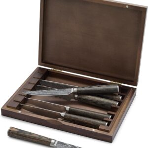 GreenPan x Bobby Flay 6 Piece Steak Knife Set with Wood Storage Box, Premium Stainless Steel Blades, Precision Cutting Tools, Ultra-Versatile Cutlery, Hand Finished Wood Handle, Damascus Steel Design