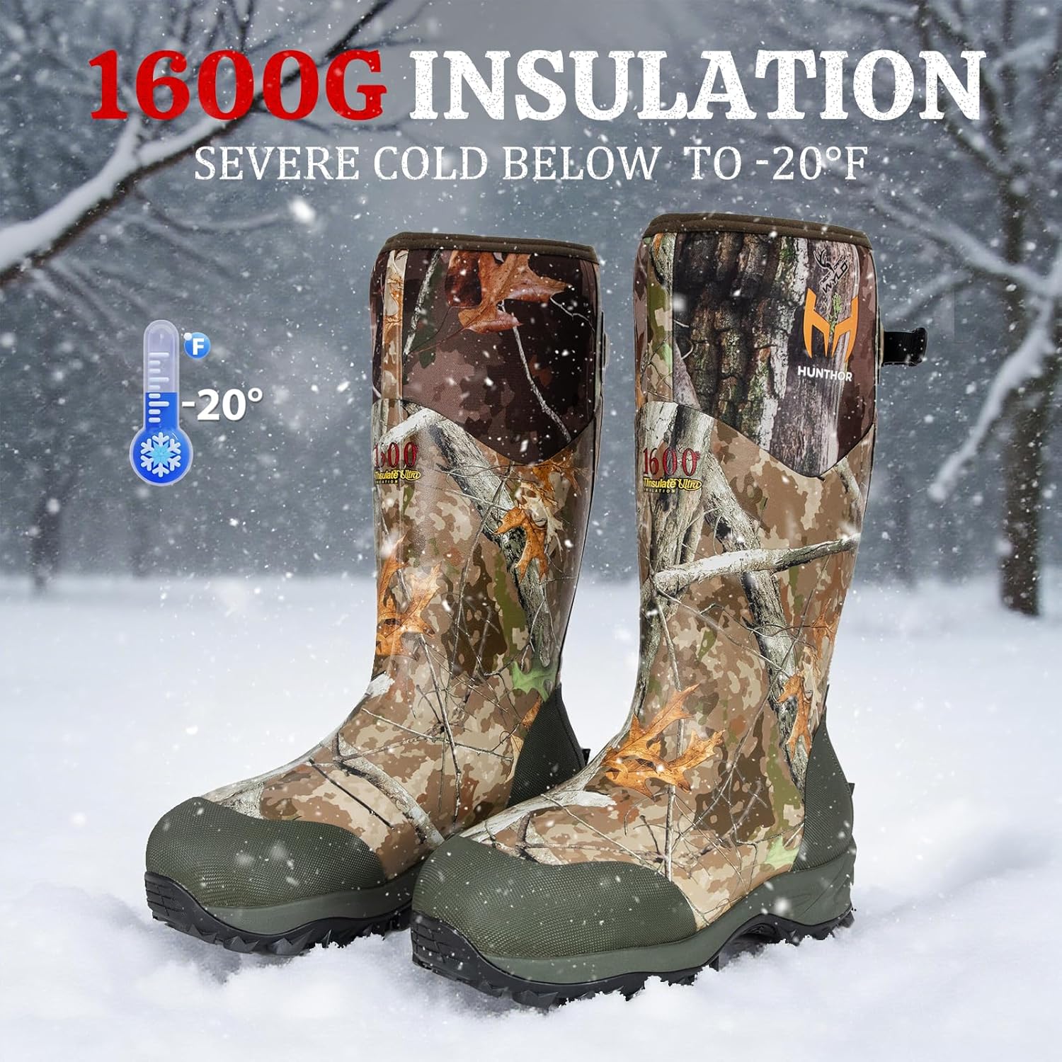 Hunting Boots for Men with 1600g Insulation, Waterproof Rubber Boots with 4mm Neoprene & 2mm Fleece Lining, Rated to -20°F, Anti-Slip Outsole & Steel Shank for Hunting and Outdoor Work - Image 3