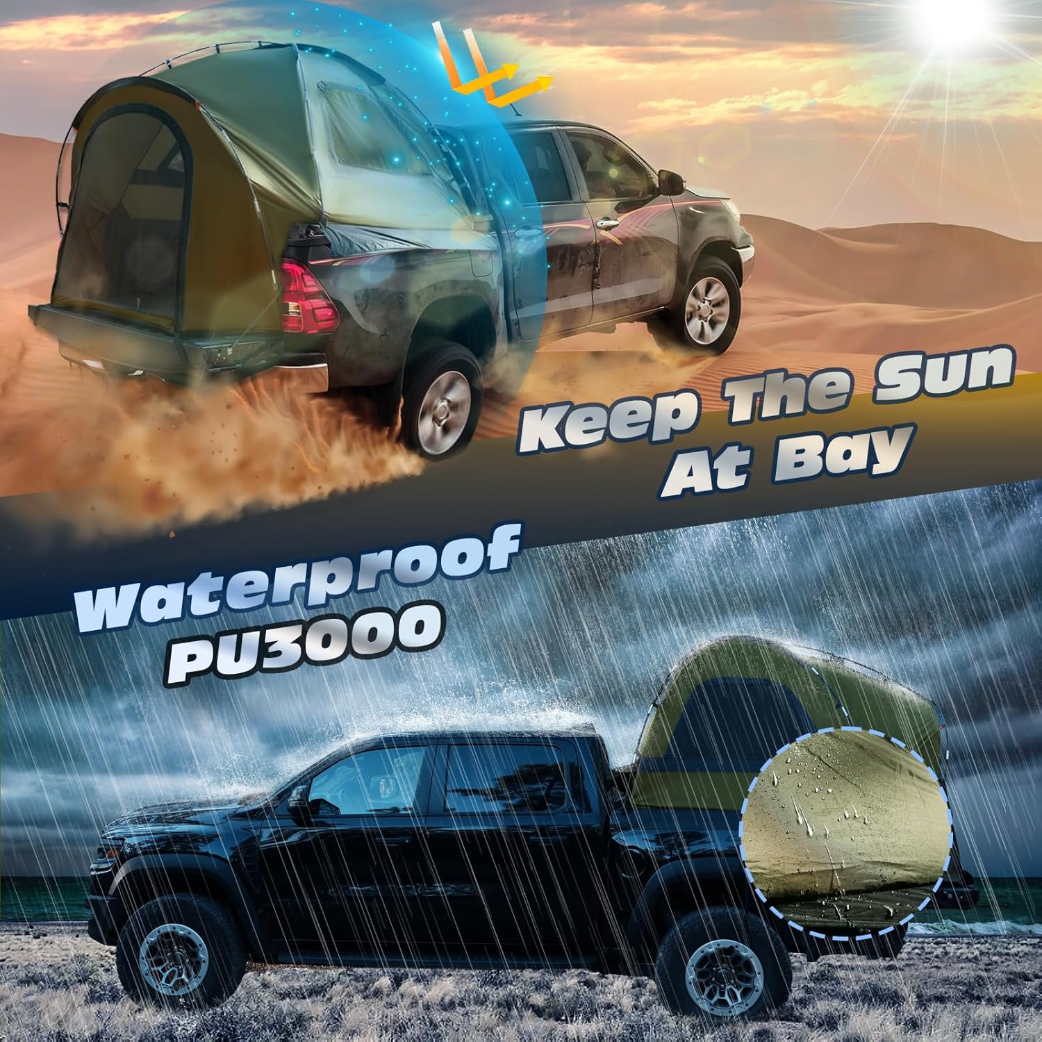 Truck Bed Tent, Waterproof PU3000mm Pickup Truck Tent for Camping Bed, 2-3 Person Sleeping Truck Tent, Portable for Car Camping - Image 3