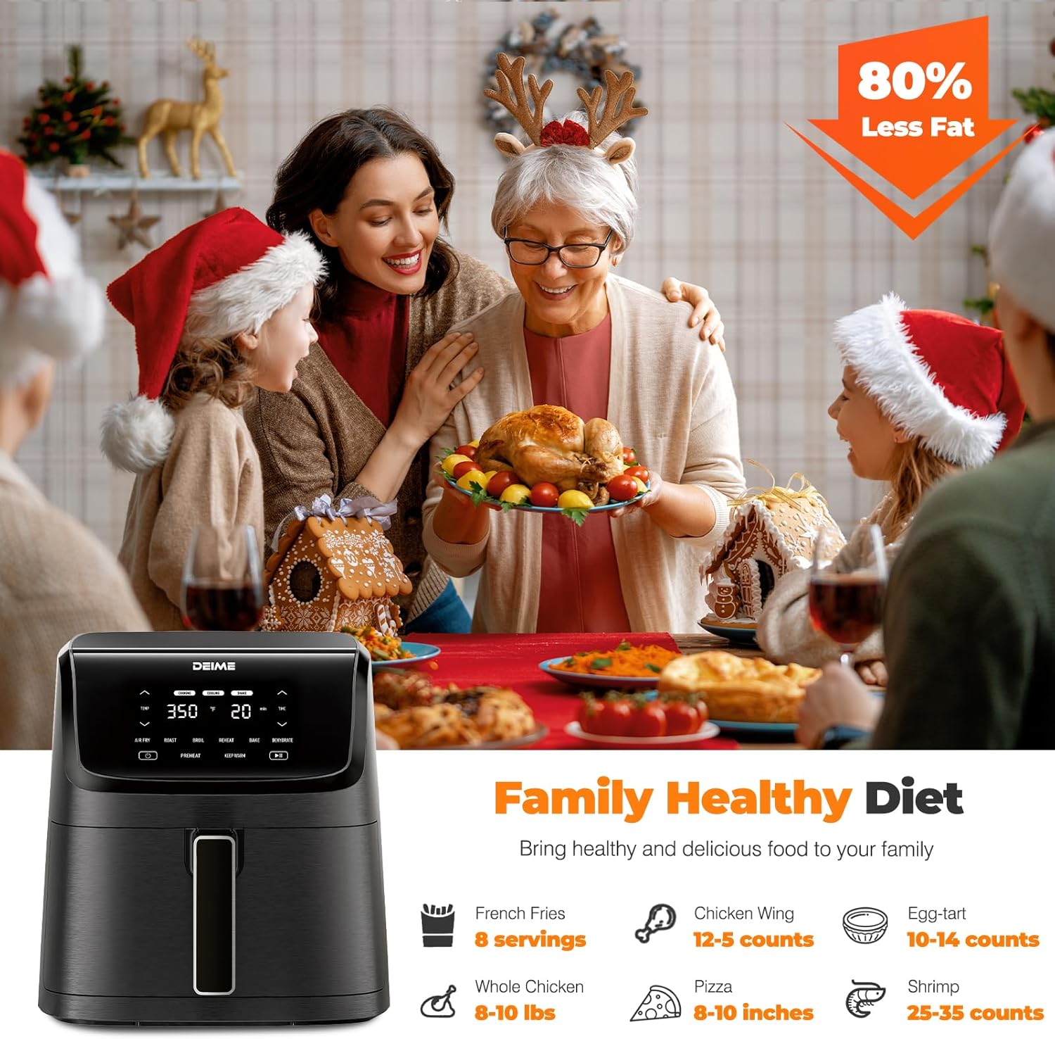 DEIME Air Fryer 7.2 QT 1700W Oilless Oven Healthy Cooker Air Fryers Large Capacity with 8 Presets, LCD Touch Screen, Customerizable Cooking, Non-Stick Basket (Black) - Image 8