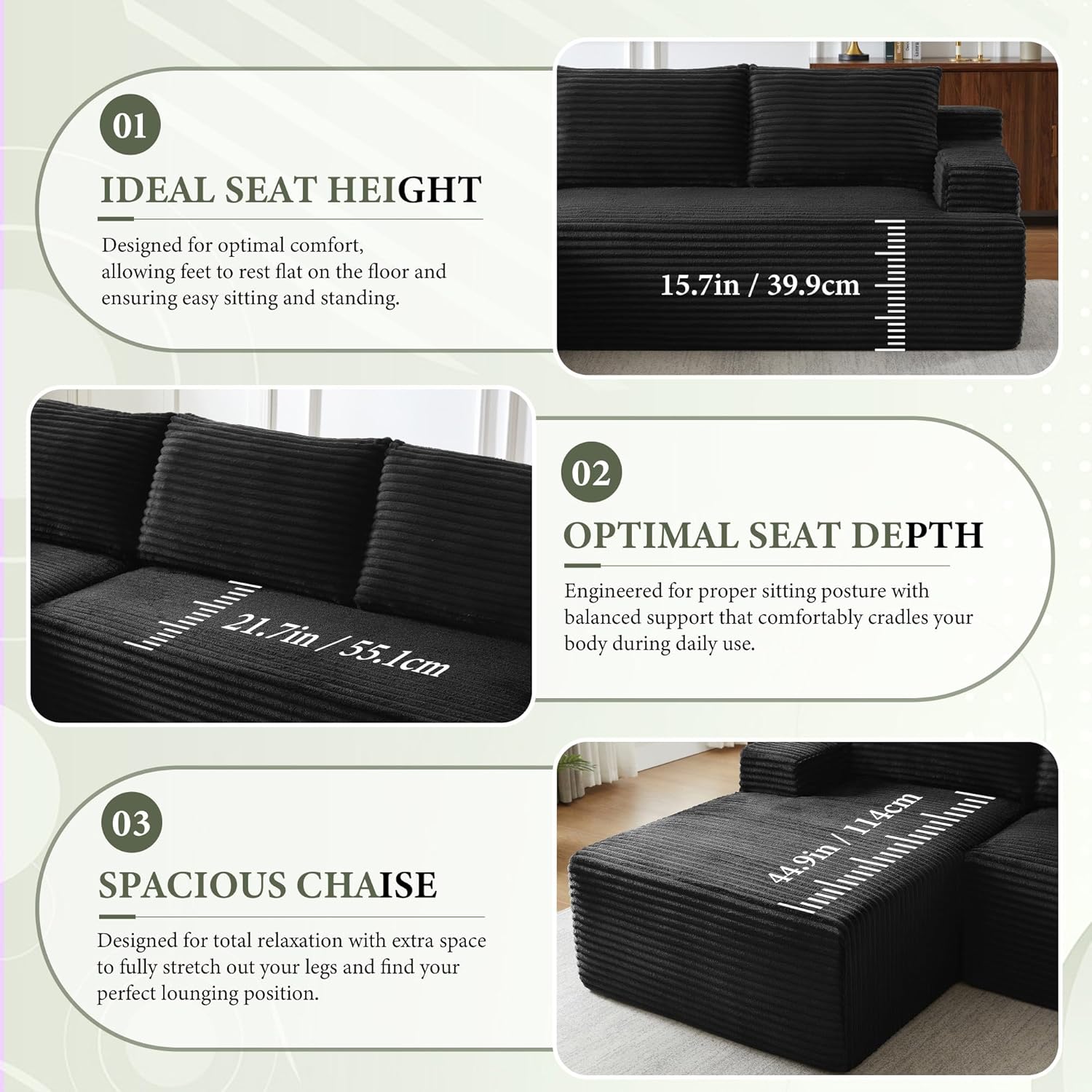 96" Sectional Couches for Living Room Cloud Couch Sofa with L-Shape Upholstered Boneless Couchs Modern Modular Sectional Couch with Chaise (Black, 96" W+Right Facing Chaise+2Seaters) - Image 6