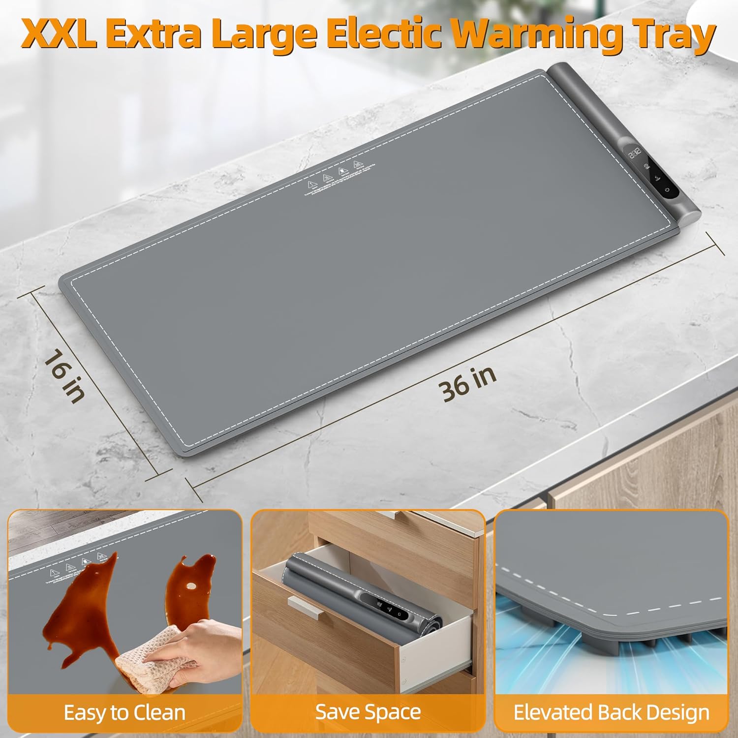 Graphene Warming Mat for Food - Fast Full Surface Heating, Extra Large (XXL 36”x 16") Electric Warming Trays for Buffets Party Countertop with 6 Temp & Timer Settings, Gifts for Mom Wife, Gray - Image 3