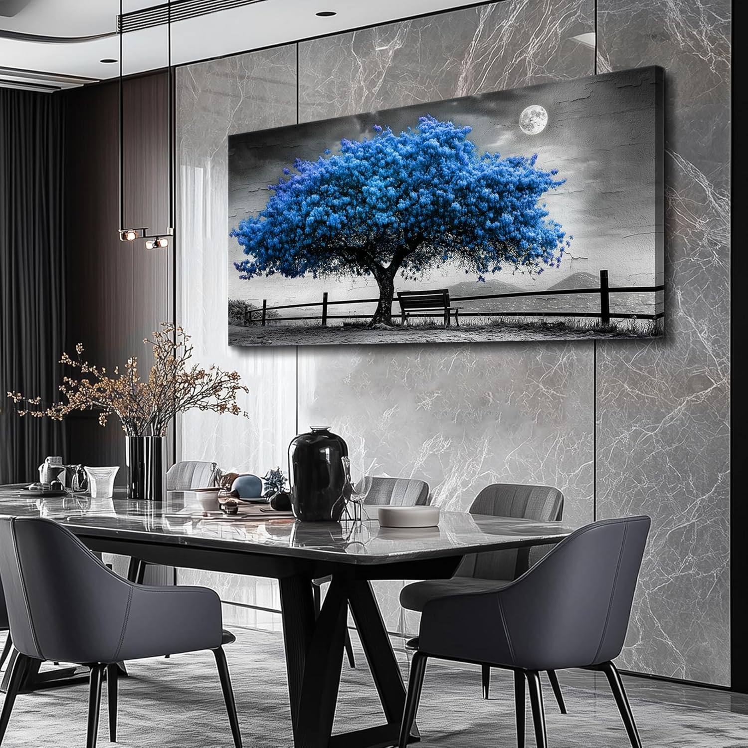 FUHAIHUA Canvas Wall Art For Living Room Wall Decor For Bedroom Office Wall Decoration Black And White Landscape Painting Blue Tree Pictures Artwork Room Aesthetic Home Decor 20x40 In - Image 7