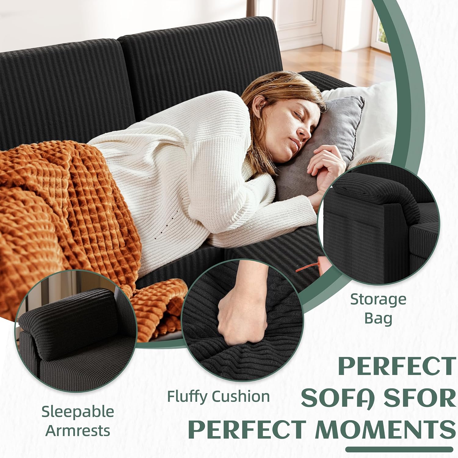 Vongrasig Convertible Sectional Couches, 3 Seat L Shaped Couch Sofa with Removable Pillows Soft Corduroy Fabric Small Couch Mid Century for Living Room, Apartment and Office Black - Image 3