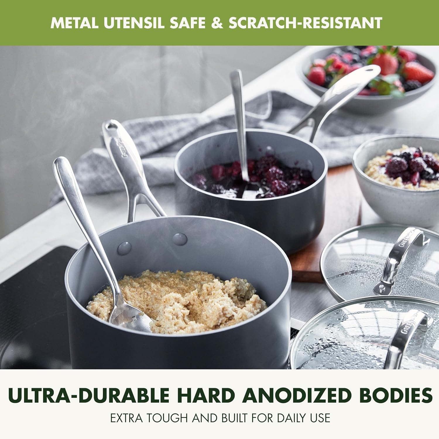 GreenPan Valencia Pro Ceramic Nonstick 22 Piece Cookware Set, Hard Anodized PFAS-Free Pots & Pans, Induction Ready, Compatible on All Cooktops, Dishwasher Safe, Oven Safe to 600F, Gray - Image 6