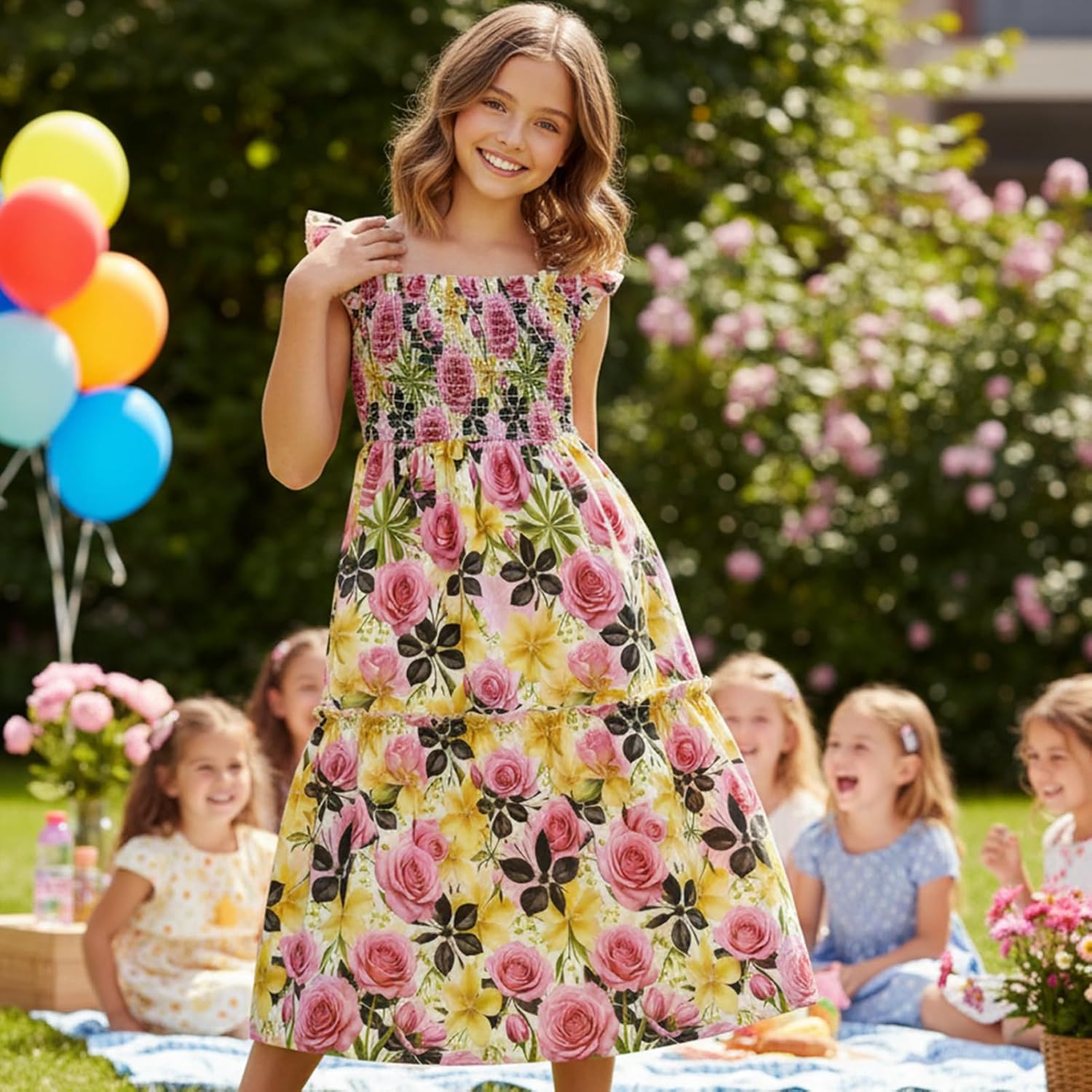 Pink Rose Floral Ruffle Sleeve Girls' Dress - Smocked Boho Tiered Toddler Dress - Image 7