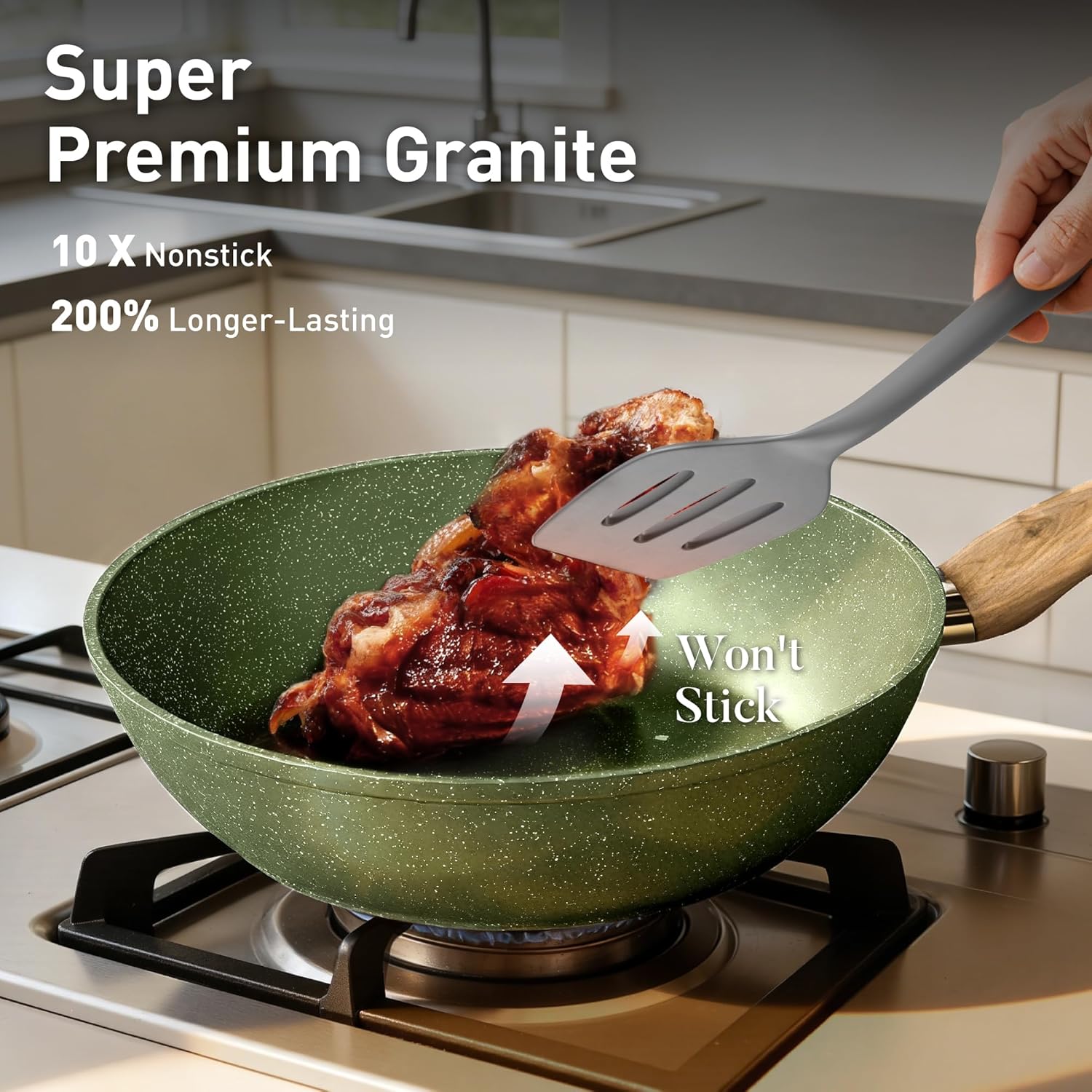 DishDelight Induction Pots and Pans Set Non Stick, 12 Piece Nonstick Induction Granite Kitchen Cookware Sets, Induction Cookware Nonstick Granite Cooking Set, PFOA&PFOS Free, Green - Image 2