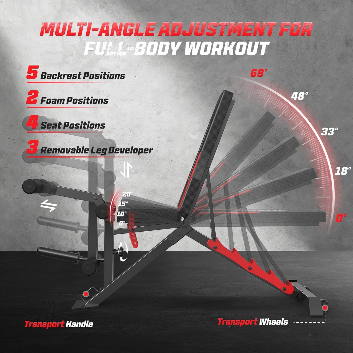 OPPSDECOR 1200LBS Weight Bench with Wide-Range Leg Extension & Curl (Full ROM), Adjustable Workout Bench Press with Wheels & Handle, Incline/Flat Weight Bench for Home Gym Strength Training - Image 2