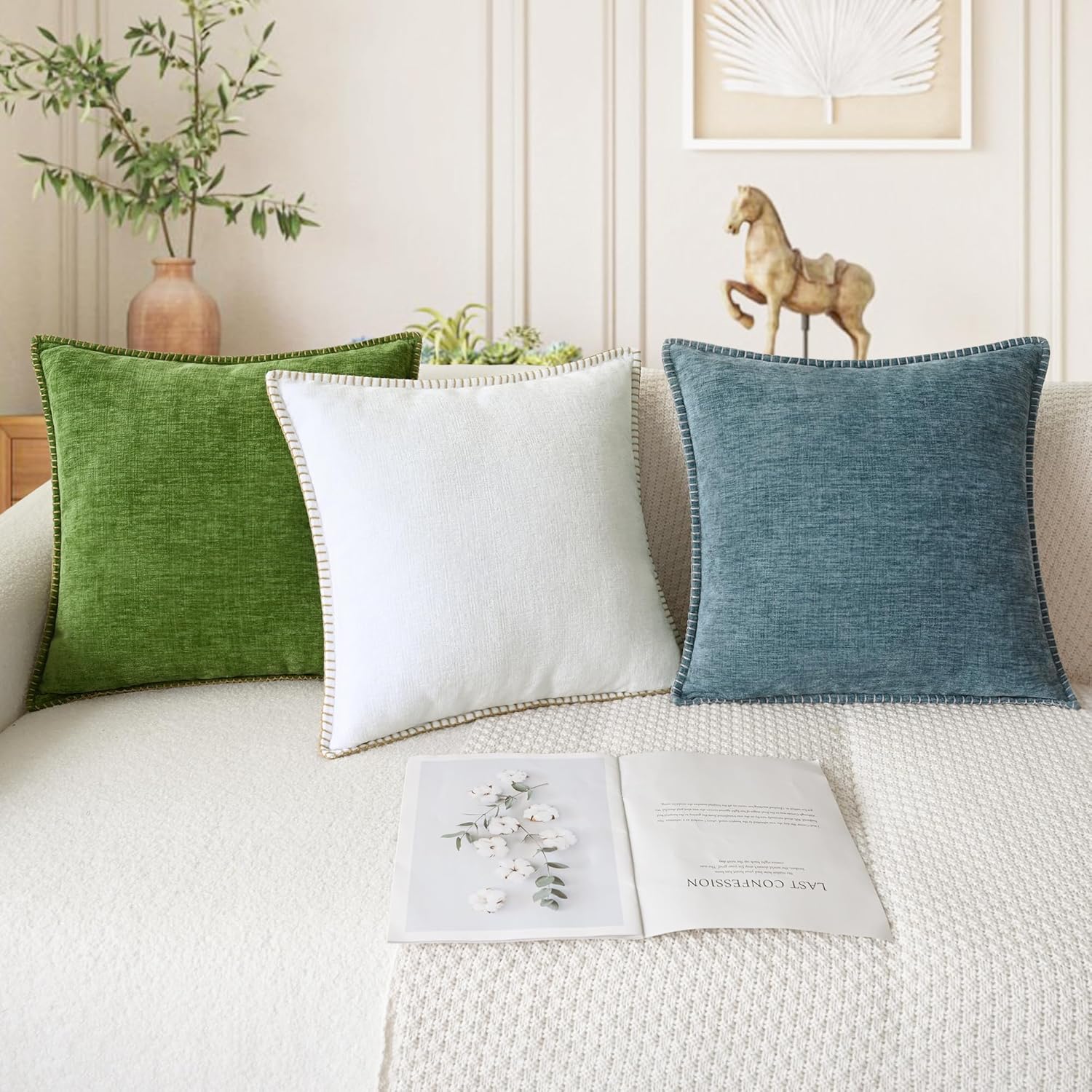 CaliTime Throw Pillow Covers Decorative 18 X 18 Inches Pack of 2 Cotton Thread Stitching Edges Solid Dyed Soft Chenille Cushion Cases for Couch Sofa Bed Living Room Farmhouse Smoke Blue - Image 5