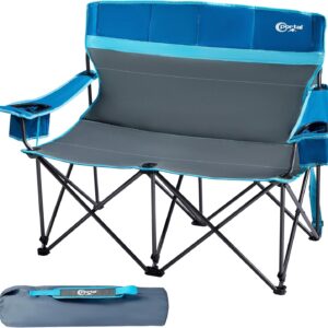 Portal 2 Person Camping Loveseat Folding Double Duo Camp Chair for Adults High Back Outdoor, Support 500 lbs, Blue