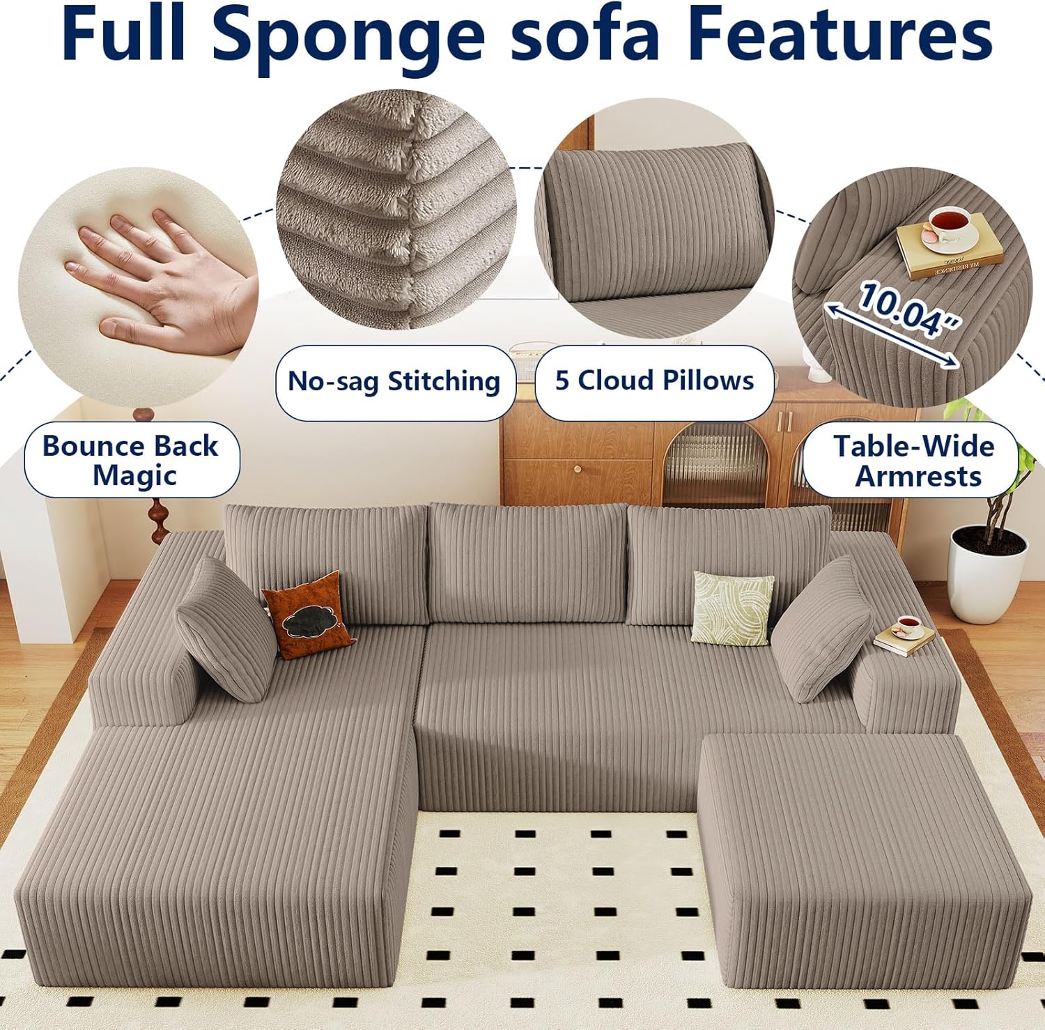 96" Modular Sectional Sofa with Ottoman, Modern Corduroy Cloud Couch with Deep Seat, Boneless Couch Upholstered 3-Seater U-Shaped Sofa for Living Room, No Assembly (Camel, Left-Facing Chaise) - Image 3