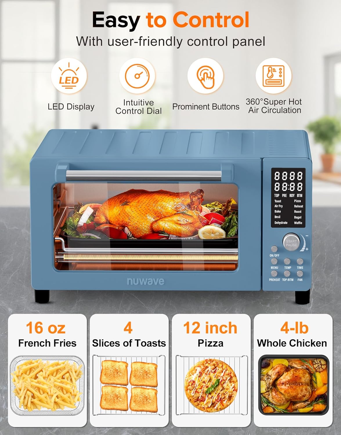 Nuwave Bravo Pro Smart Air Fryer Toaster Oven Combo, Airfryer Convection Oven Countertop, 10-in-1 Functions with Quicker & Even Crisp Technology, 1800W, 50-450°F, PFAS-Free, 21QT, Cozy Blue - Image 6