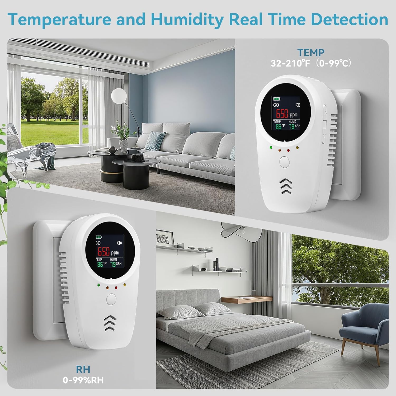 5-in-1 Carbon Monoxide Detectors,Combustible Gas Detector,Plug-in & Built-in Backup Battery,Monitoring CO,Natural Gas,Temperature and Humidity,Clear LCD Screen Sound Light Dual Alarm Detector - Image 5