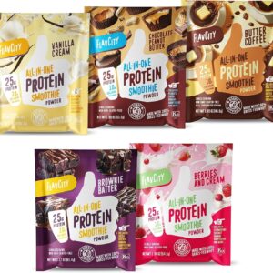 FlavCity Grass Fed Whey Protein Powder – Variety Pack – 25g Protein & 10g Collagen – 5 Single Serve Packets – Made with Organic Reishi & Cordyceps – Gluten Free & No Added Sugars