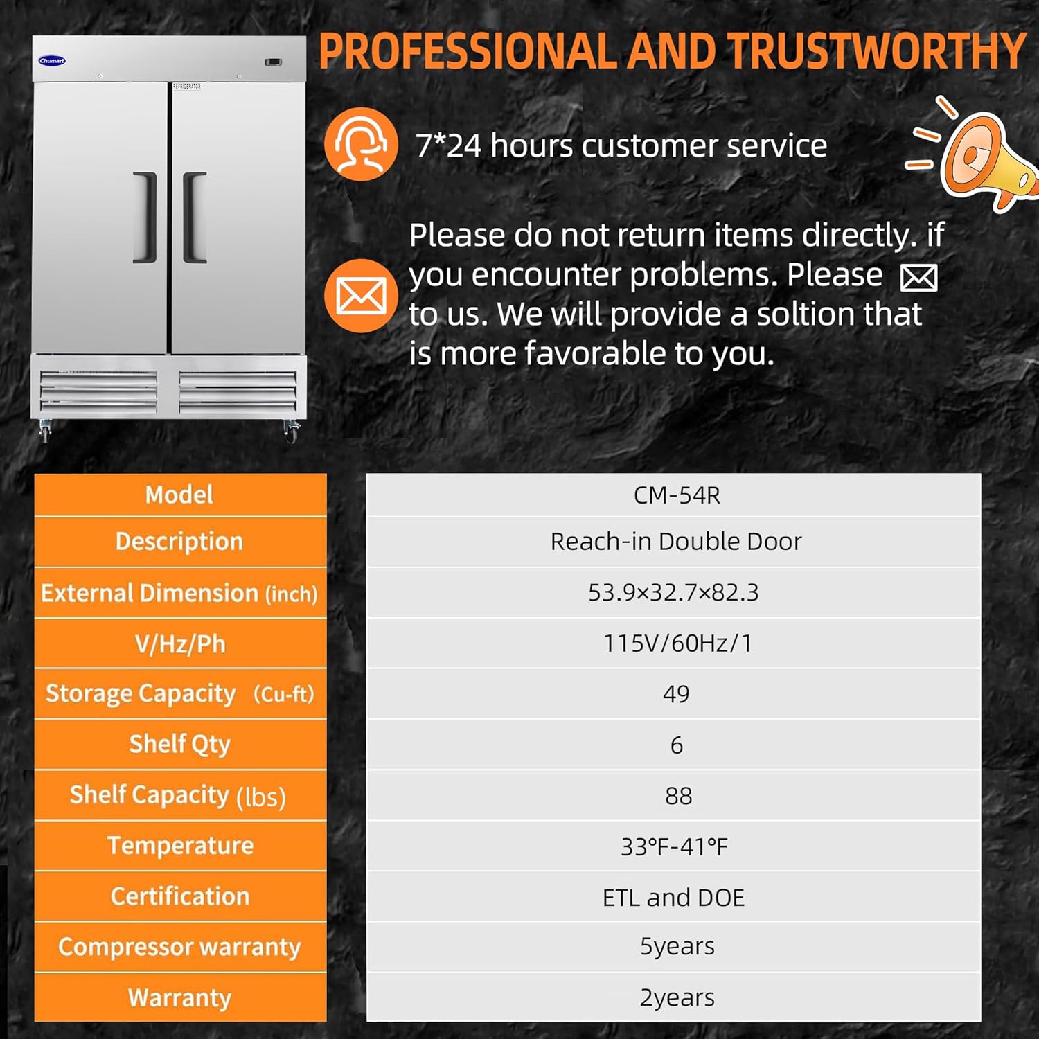 54" W Commercial Refrigerator with 2 door Stainless Steel 49 Cu. Ft Reach-in Refrigerator 6 Adjustable shelves Fan Cooling Fridge for Restaurant, Commercial Kitchen, Shop, ETL Certification - Image 6