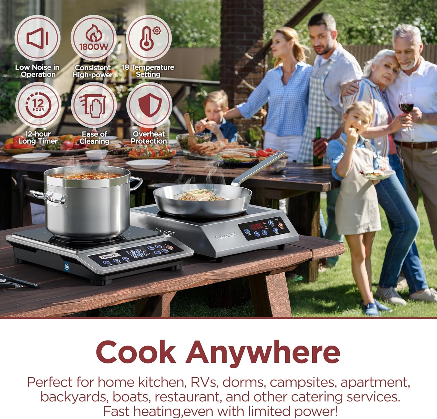 ChangBERT Portable Induction Cooktop Enhanced Version, One-Click Max Power 1800W Large Heating Coil Burner, Precise Temperature Control, NSF Certified Commercial Grade Low Noise Hot Plate - Image 3