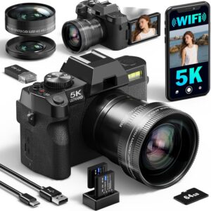 5K&64MP Digital Cameras for Photography&Video, Vlogging Camera for YouTube, Compact Camera with 64GB TF Card, WiFi,and Wide-Angle & Macro Len, AUTOFOCUS 16X Zoom for Entry-Level User, Beginners（Black）