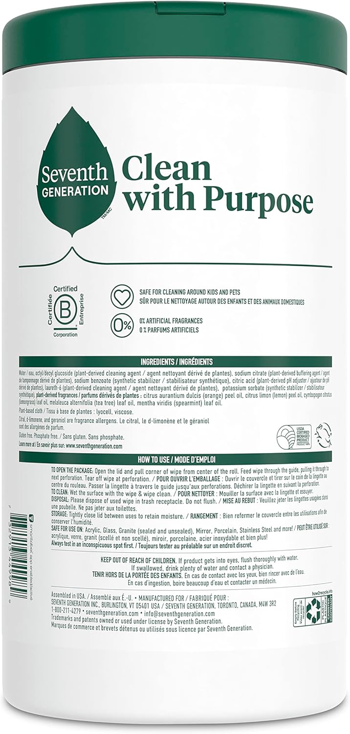 Seventh Generation Multi Surface Wipes All Purpose Cleaning Lemon Zest scent with 100% Essential Oils and Botanical Ingredients 70 count, Pack of 6 - Image 2