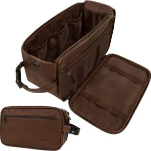 PAVILIA Toiletry Bag for Men, Travel Essentials Shaving Dopp Kit, Mens Travel Bag Toiletries Organizer Case for Grooming, PU Leather Water Resistant Cosmetic Bag Pouch (XL, Dark Brown)
