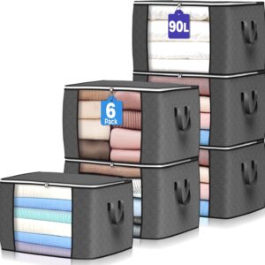 90 L Large Storage Bags, 6 Pack Clothes Storage Bins Foldable Closet Organizers Storage Containers with Reinforced Handle for Clothing, Blanket, Comforters, Bed Sheets, Pillows and Toys (Gray)