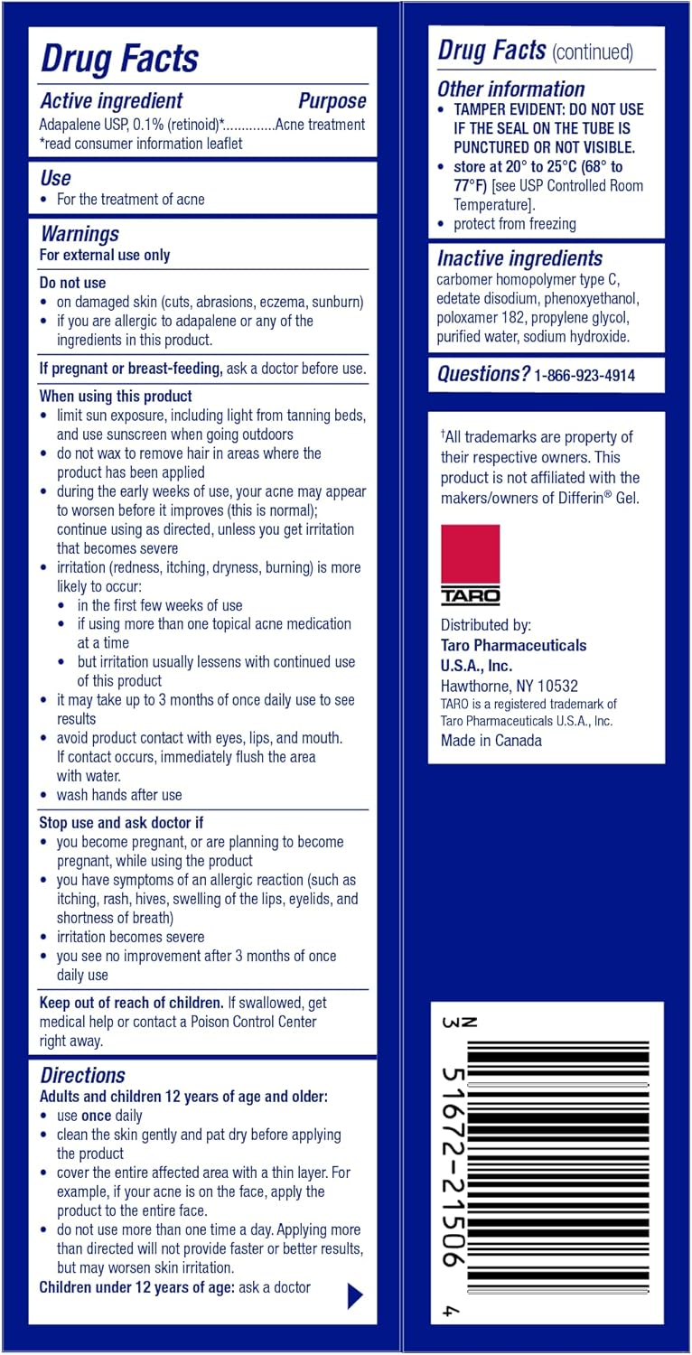 TARO Adapalene 0.1% USP Gel, Paraben Free, Retinoid Acne-Prone Facial Treatment for Sensitive Skin, Prescription Strength (1.6 Oz) - Image 3