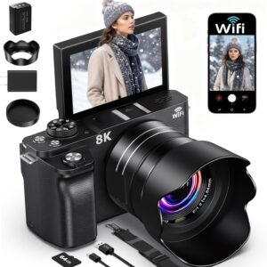 8K Digital Camera, 88MP Cameras for Photography, WiFi Vlogging Camera for YouTube with 3″ 180° Flip Screen, 18X Zoom UHD Autofocus Video Camara with Lens Hood, 64GB Card