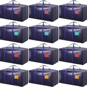 12 Pack Extra Large Heavy Duty Moving Bags with Reinforced Zipper & Wide Handles, Moisture-Resistant Storage Bins Packing Cubes for Clothes, College Dorm, Travel, and Home Organization, DarkBlue