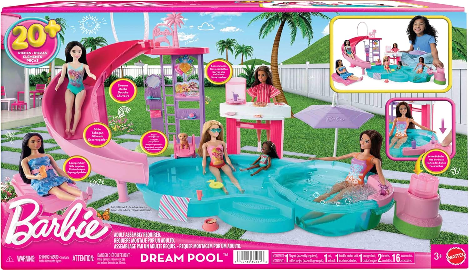 Barbie Dream Pool Playset with 6 Play Areas, Including Slide & Bubbling Hot Tub, Plus 20+ Accessories Like Pet, Floaties & More - Image 6