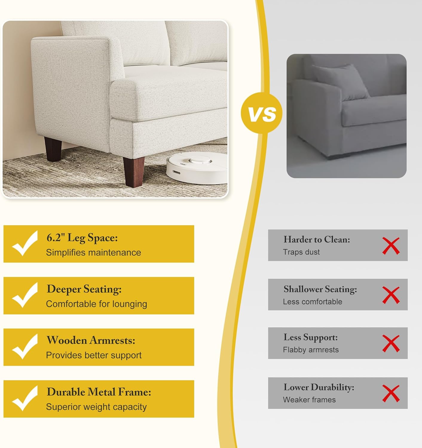 3 Seater Sofa Couch with Deep Seats, 89" Mid Century Modern Upholstered Sofa with Armrests, Comfy Couches for Living Room, Bedroom, Apartment and Office (Beige) - Image 6