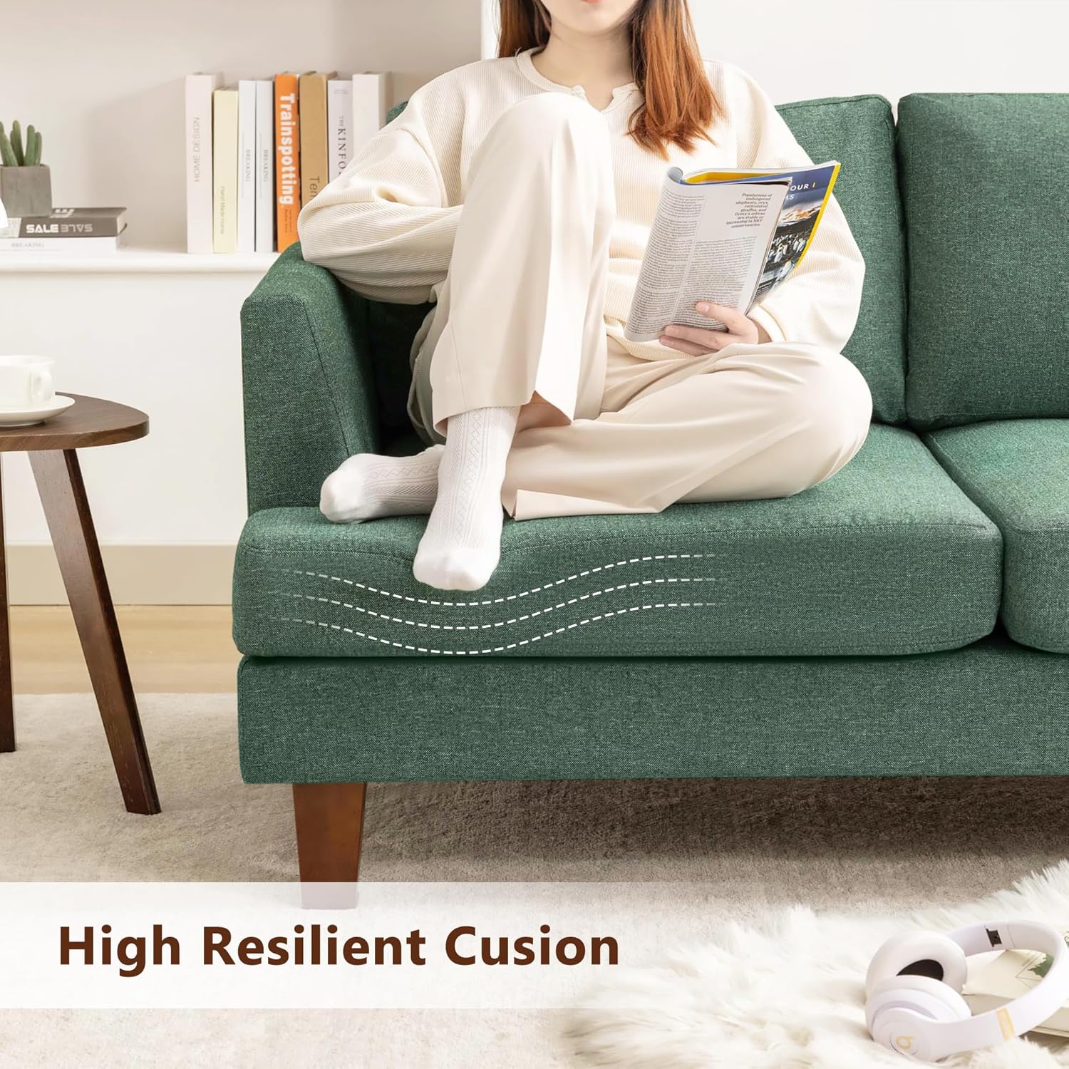 3 Seater Sofa Couch with Deep Seats, 89" Mid Century Modern Upholstered Sofa with Armrests, Comfy Couches for Living Room, Bedroom, Apartment and Office (Green) - Image 5