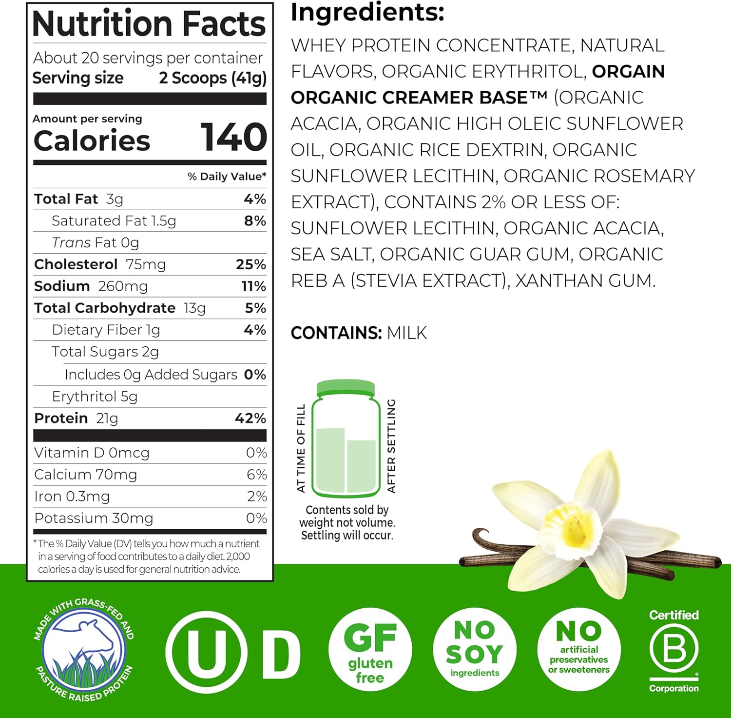 Orgain Whey Protein Powder, Vanilla Bean, 21g Grass Fed Dairy Protein, 5g BCAAs, 3g Prebiotic Fiber, 2g Sugar, No Added Hormones, Gluten Free, Kosher, for Shakes & Smoothies, 1.82 lb - Image 2