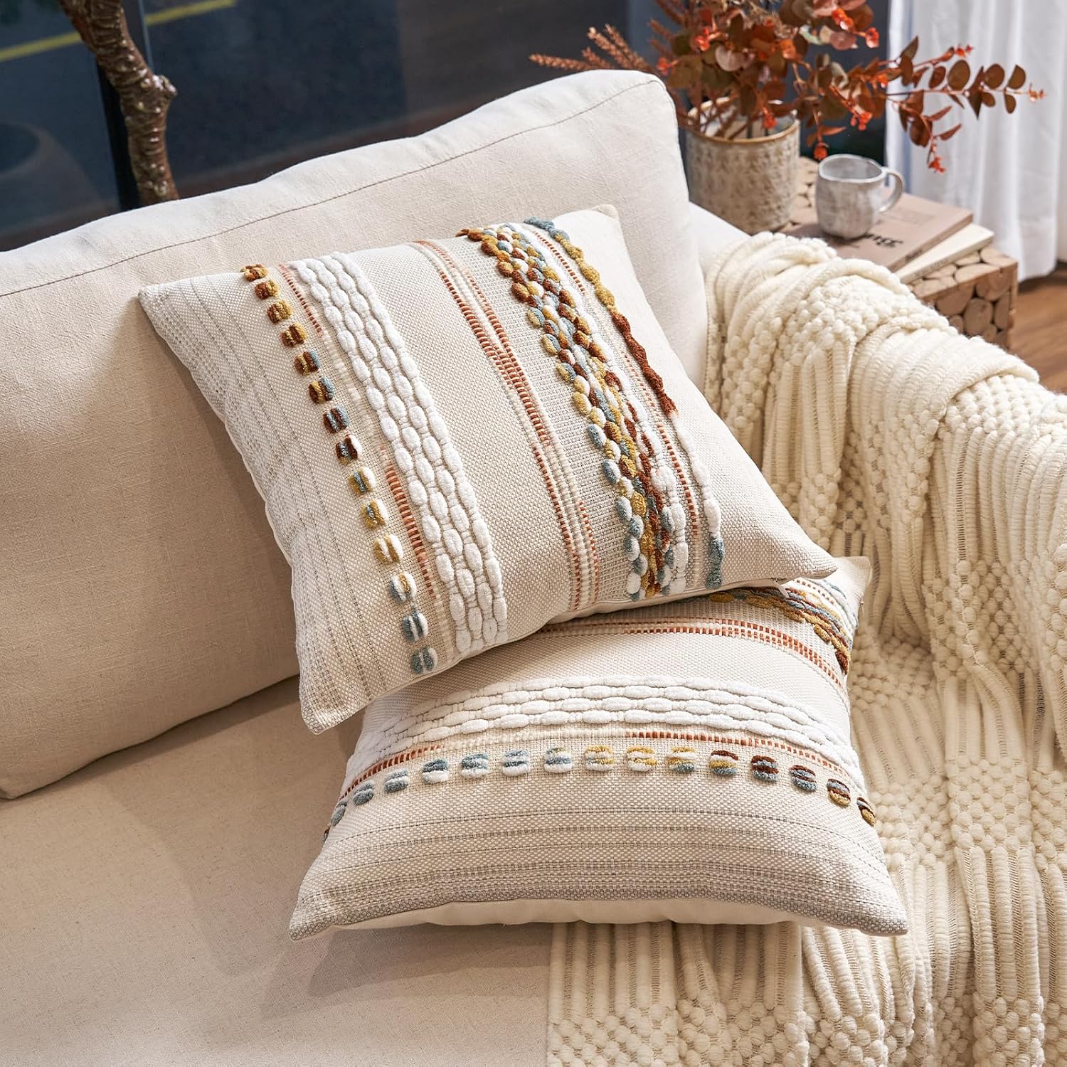 Aeckself Boho Throw Pillow Covers 18x18 Inch Set of 2, Farmhouse Decorative Striped Square Pillow Covers Chenille Tufted Pillow Cases Accent Neutral Pillowcase for Living Room Couch Bed, Orange White - Image 2