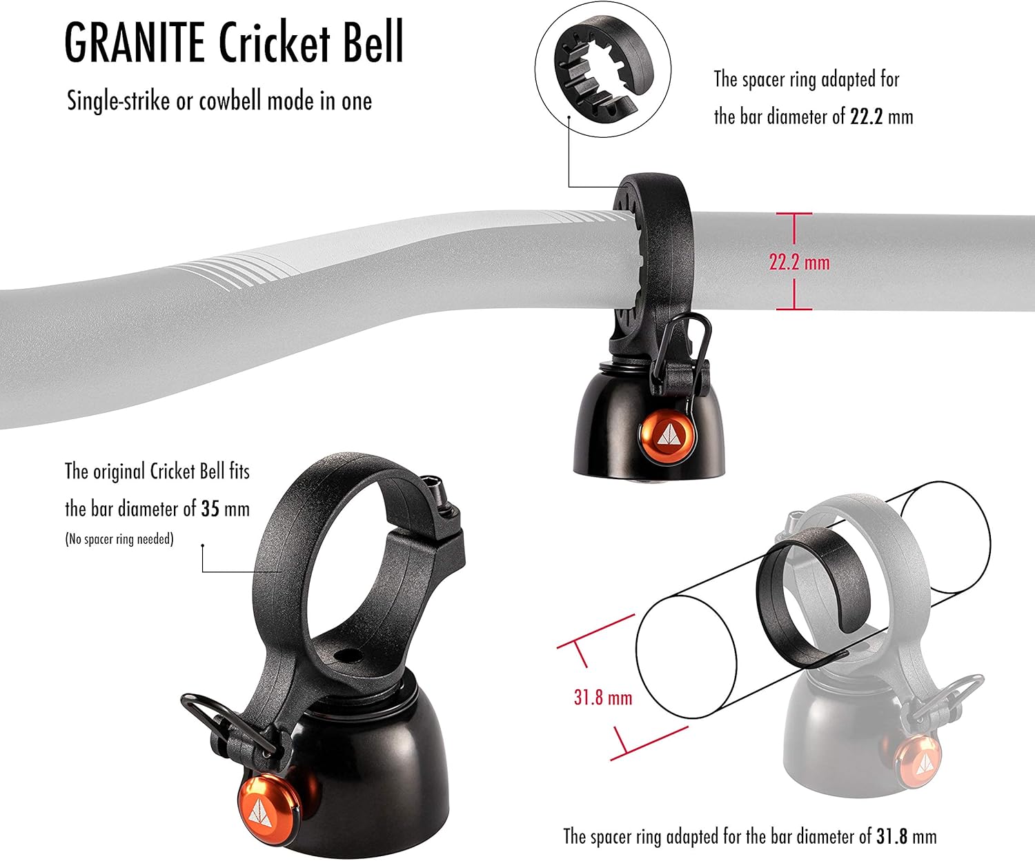 Granite Cricket Mountain Bike Bell with Single-Strike Mode and Constant Cowbell Mode, Bike Bell for Mountain Bike, BMX Bike, Road Bike and Gravel Bike, Bicycle Bell for 22.2mm to 35mm Handlebars - Image 3