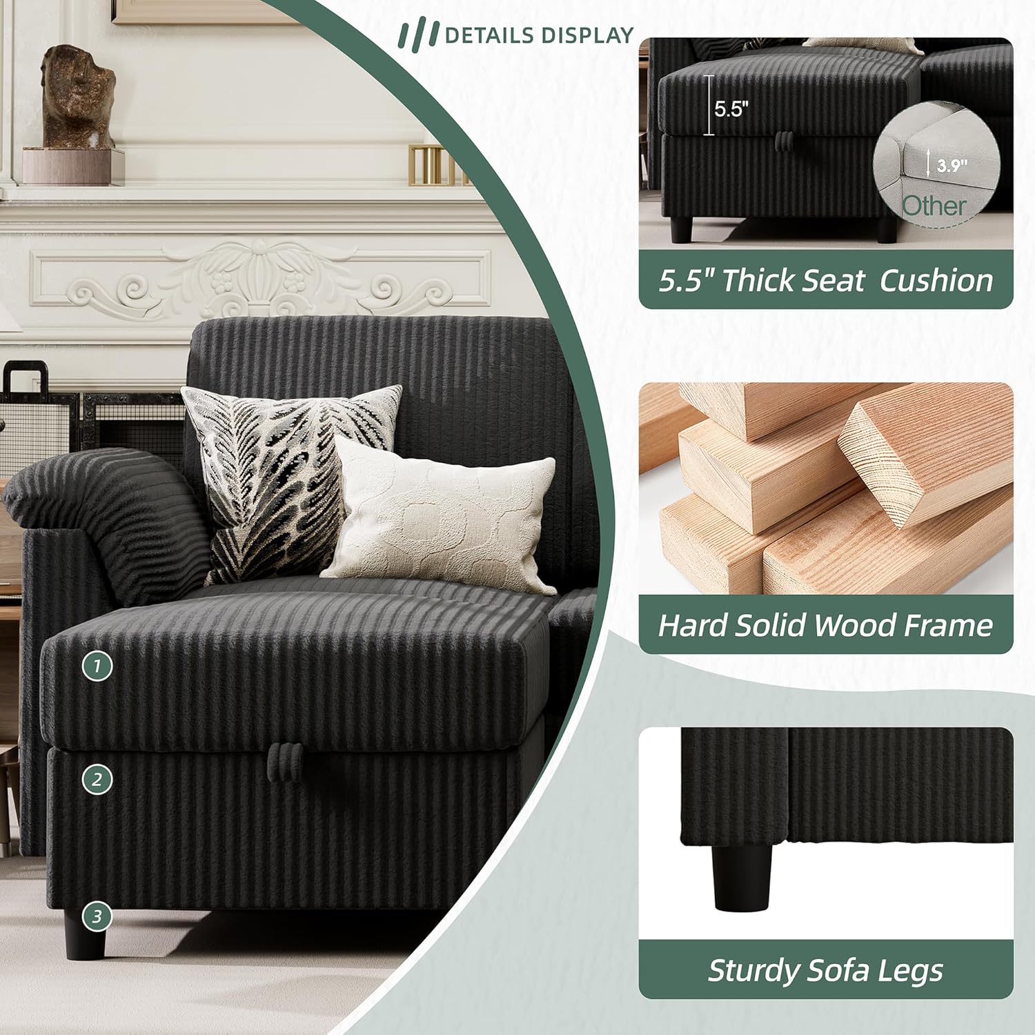 Vongrasig Convertible Sectional Couches, 3 Seat L Shaped Couch Sofa with Removable Pillows Soft Corduroy Fabric Small Couch Mid Century for Living Room, Apartment and Office Black - Image 4