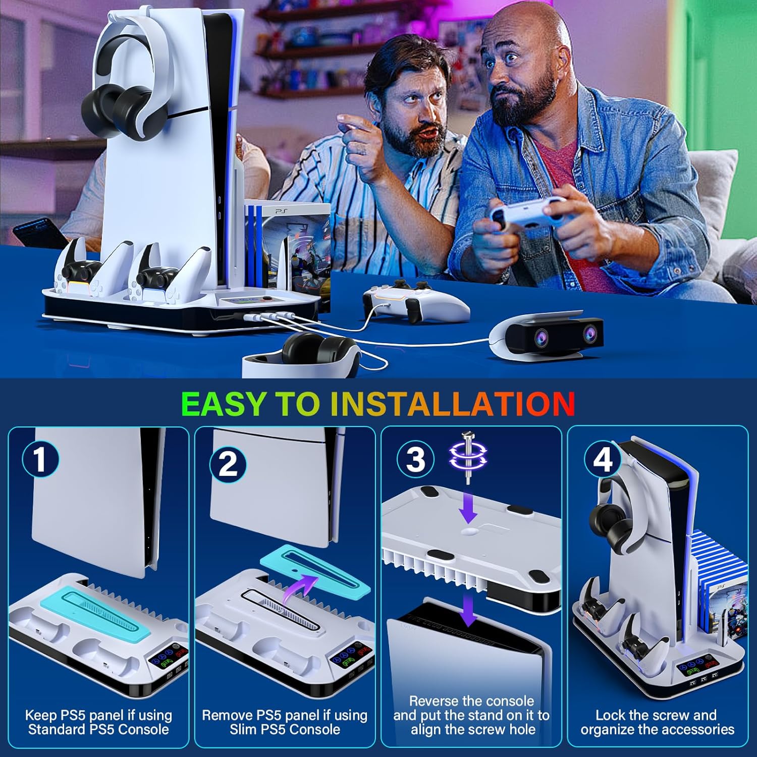 PS5/Slim/Pro Cooling Station with Controller Charging Station for Sony Console Playstation 5 Slim&Standard Disc/Digital Console, PS5 Pro Stand Cooler Accessories Incl Cooling Fan/3 USB Hubs - Image 8