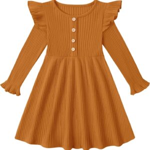 ESHOO Toddler Girl Dress Girls Sweater Dresses Ruffle Long Sleeve Ribbed Knit Casual Fall Dresses for Kids 2-7 Years