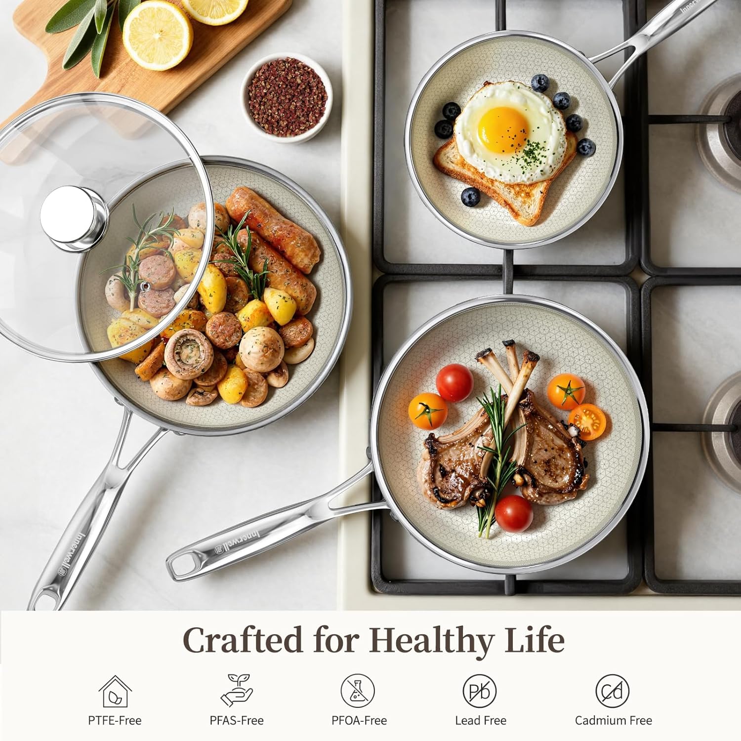 Non Stick Frying Pan Set with Lid, 8/10/12 Inch Ceramic Tri-ply Hybird Stainless Steel Cookware Sets, No Toxic Nonstick Skillet Set W/Lid Induction Cooking Pan Set of 3, Oven Safe, PFAS&PTFE&PFOA Free - Image 2