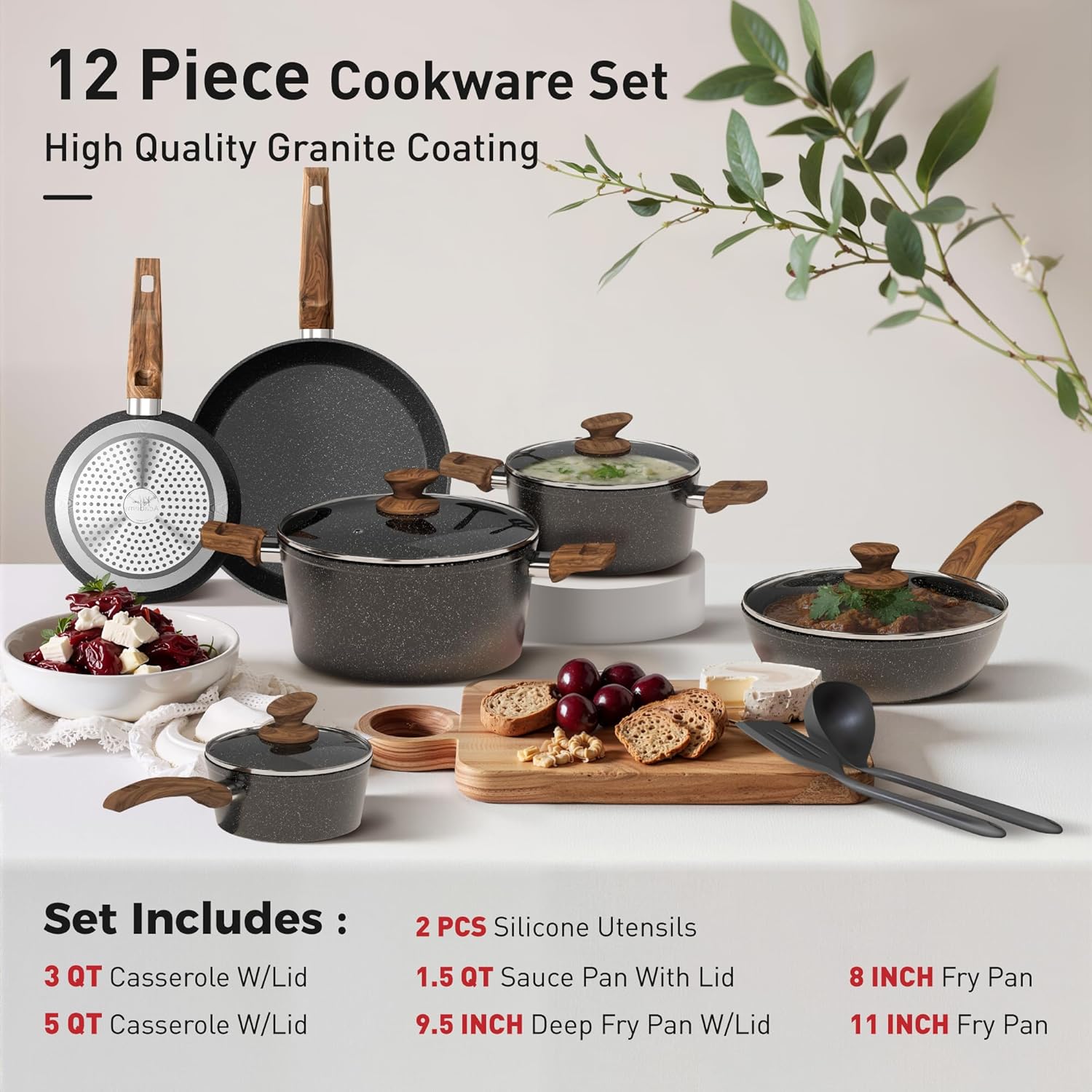 DishDelight Induction Pots and Pans Set Non Stick, 12 Piece Nonstick Kitchen Cookware Sets, Nonstick Granite Cooking Set Induction Pots and Pans, Induction Cookware Sets with Frying Pans, Black - Image 2