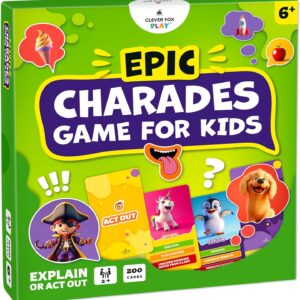 Epic Charades Game for Kids Ages 6+ – 200 Act Out & Explain Cards with Illustrations & Timer – Fun Educational Game for Family, Party, Classroom & Travel