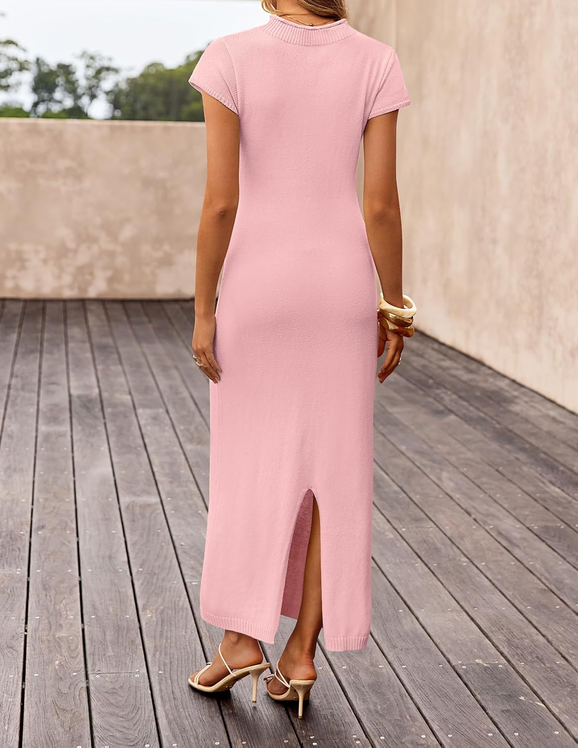 ZESICA Womens Spring Casual Bodycon Maxi Dress 2026 Summer Business Casual Short Sleeve Crewneck Knit Slit Vacation Dresses - Image 3