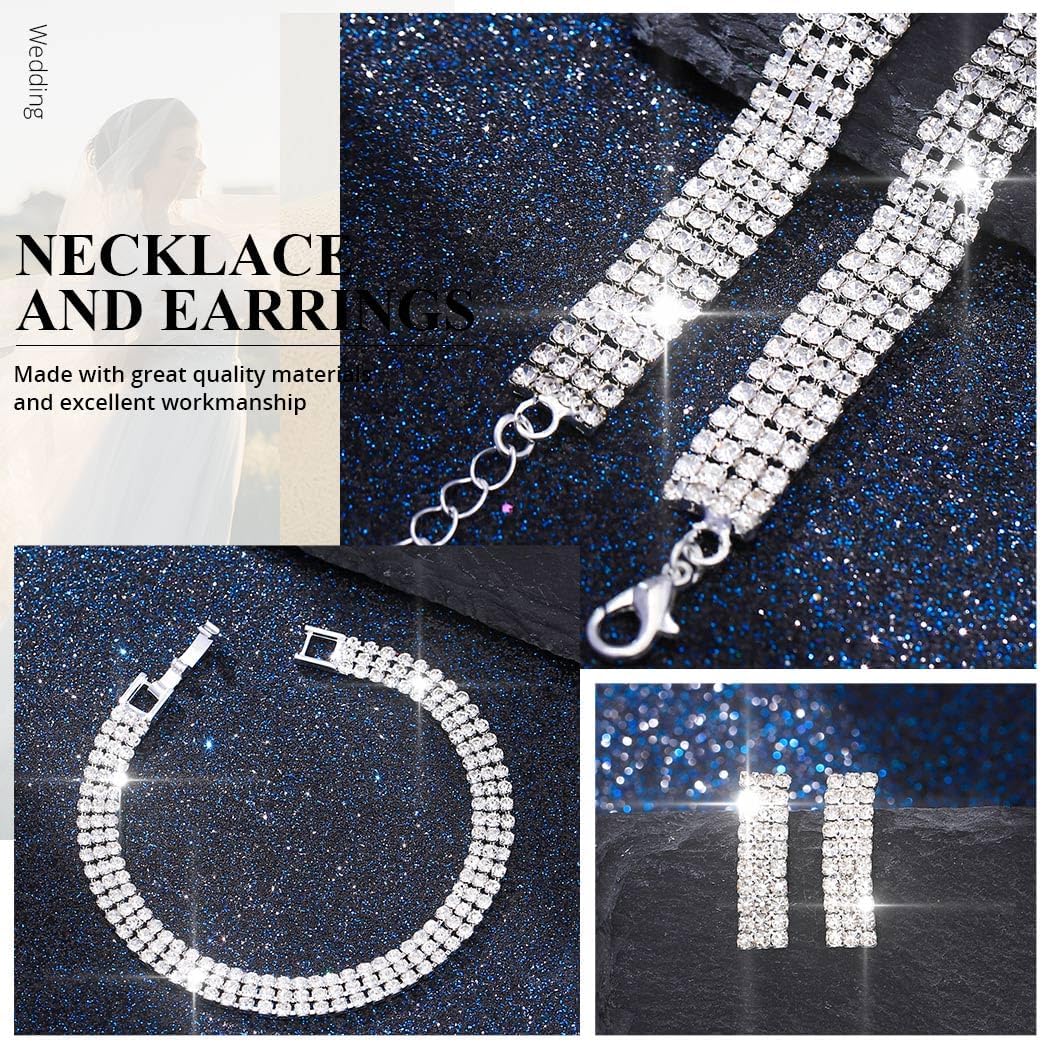 Aukmla Rhinestones Bridal Wedding Jewelry Set Silver Choker Necklaces Earrings Bracelet Ring Sets Prom Jewelry for Women - Image 6